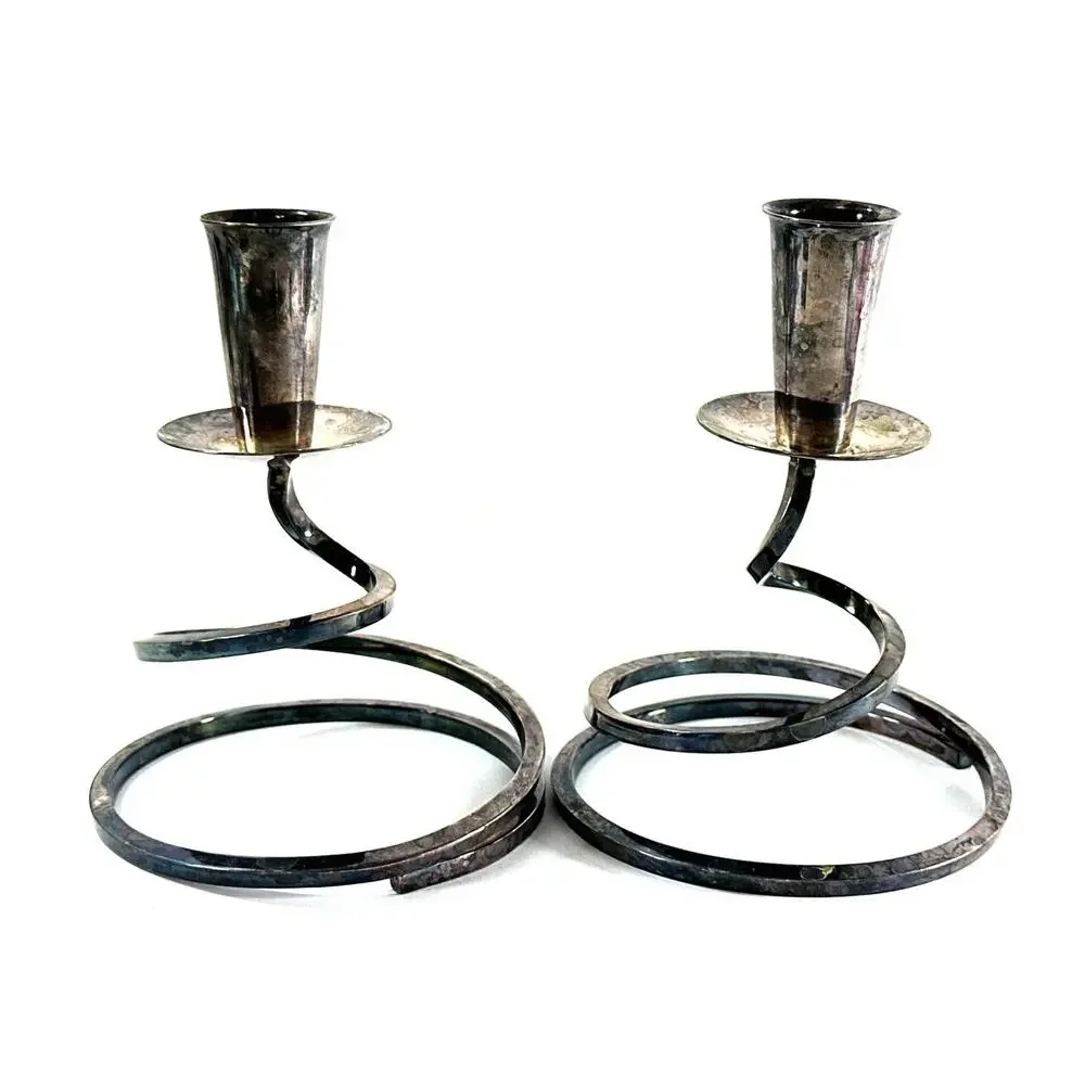 Vintage Silverplate Spiral Candle Holders Pair Hand Hammered Modernist 5”